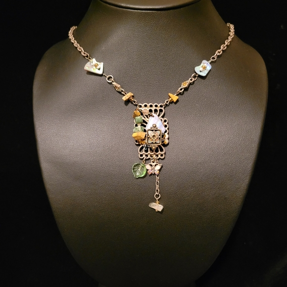 Estate Stone, Glass & Shell Charm Dangle Necklace - Picture 1 of 6